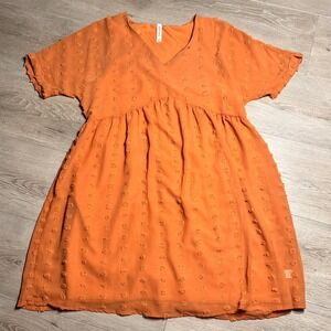 ZENANA Orange Textured Swiss Dot V Neck Babydoll Dress Size Small S